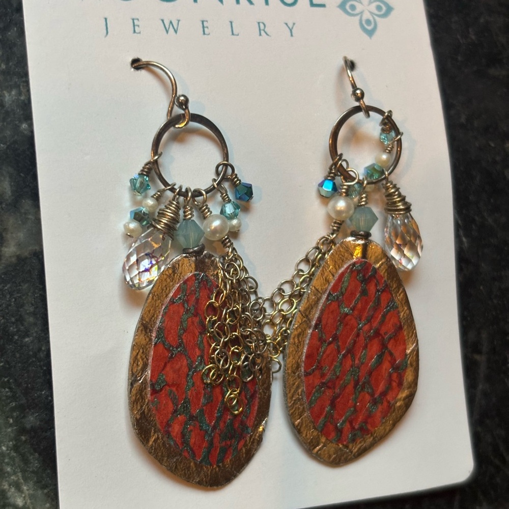 Coral, turquoise and Gold Dangle Earrings - Picture 2 of 2